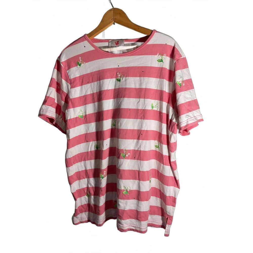 Quacker Factory Pink/White Striped Short Sleeve Top with Floral Embroidery 1X